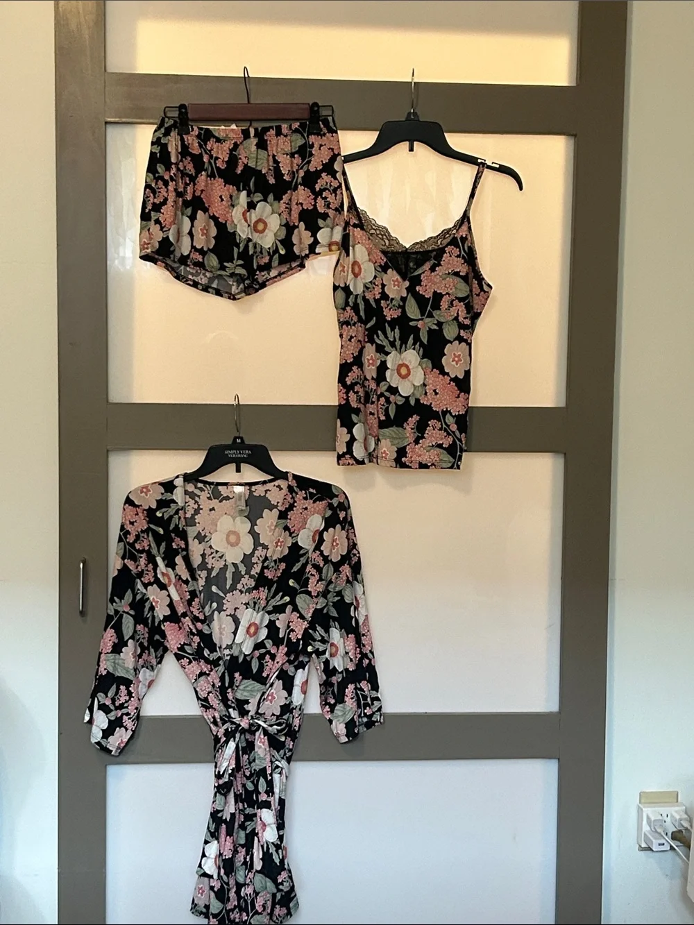 Floral Lace Trim Camisole & Short Set in Black and Pink - Picture 1 of 5